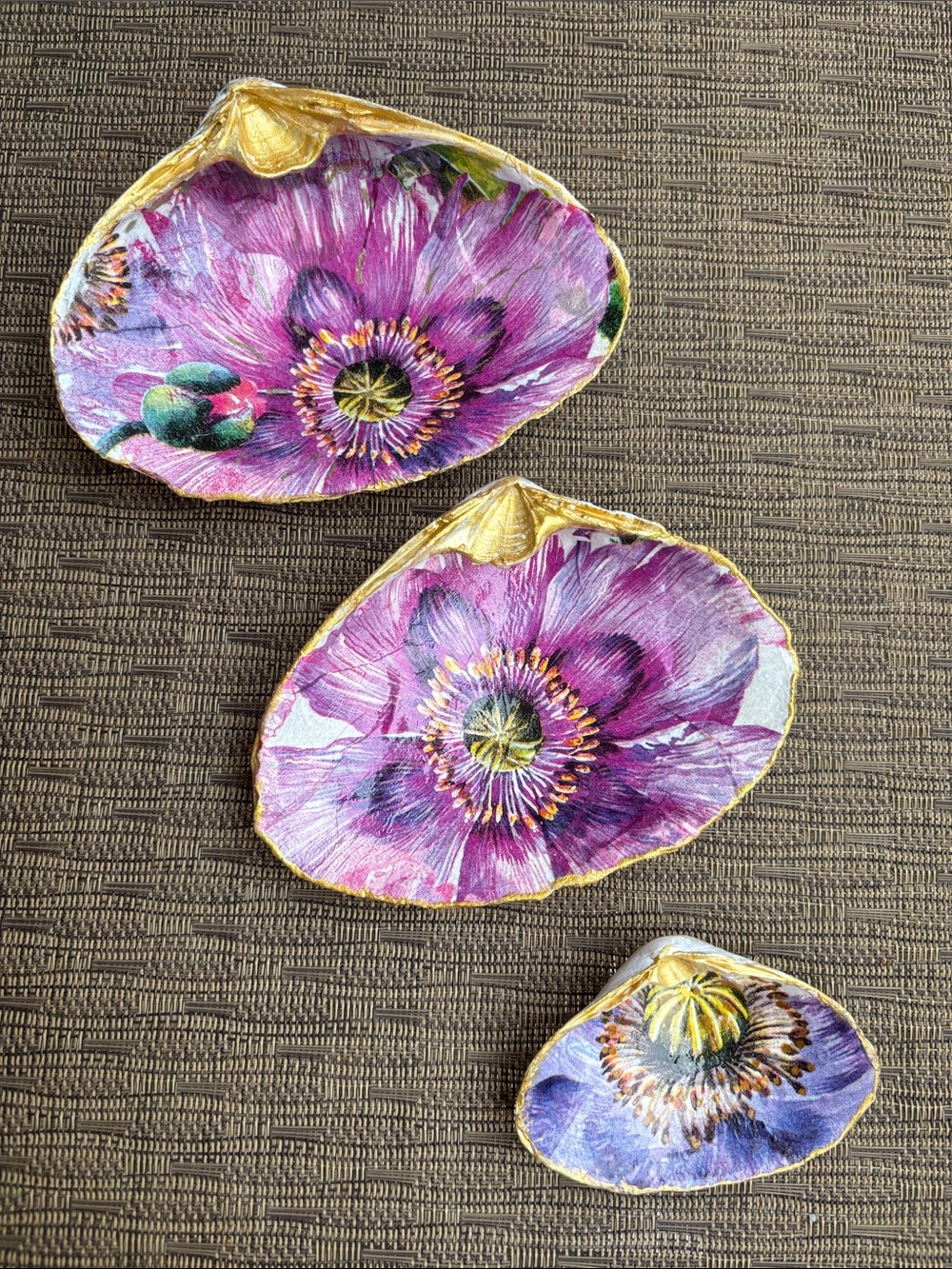 Handmade Decoupaged Shell Trinket Dish Set - Real Atlantic Clam Shells